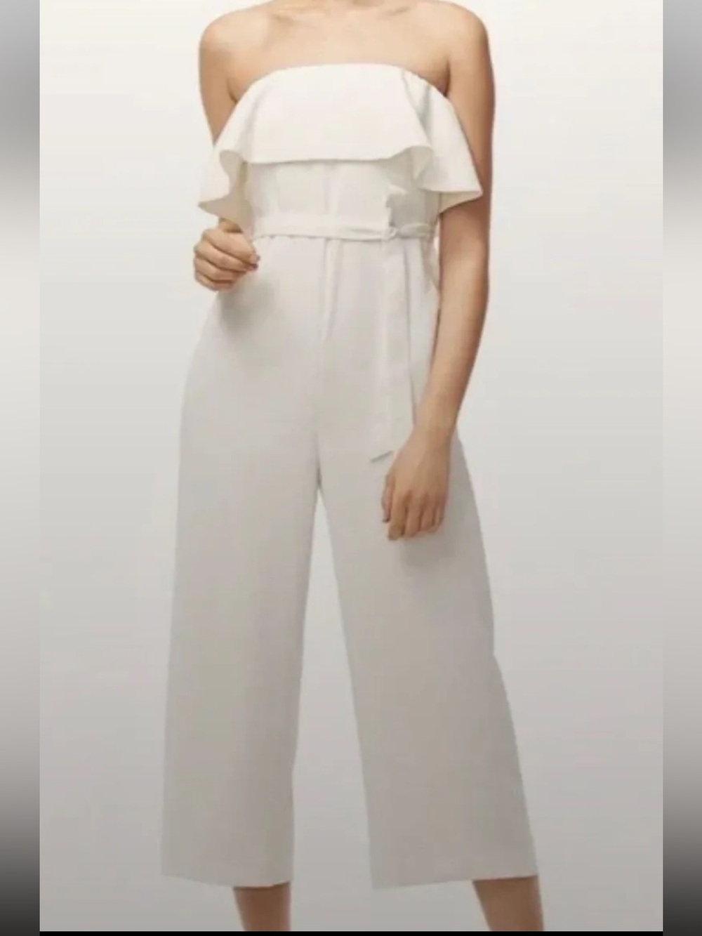 Aritzia Babaton White Strapless Ruffle Wide-Leg Jumpsuit